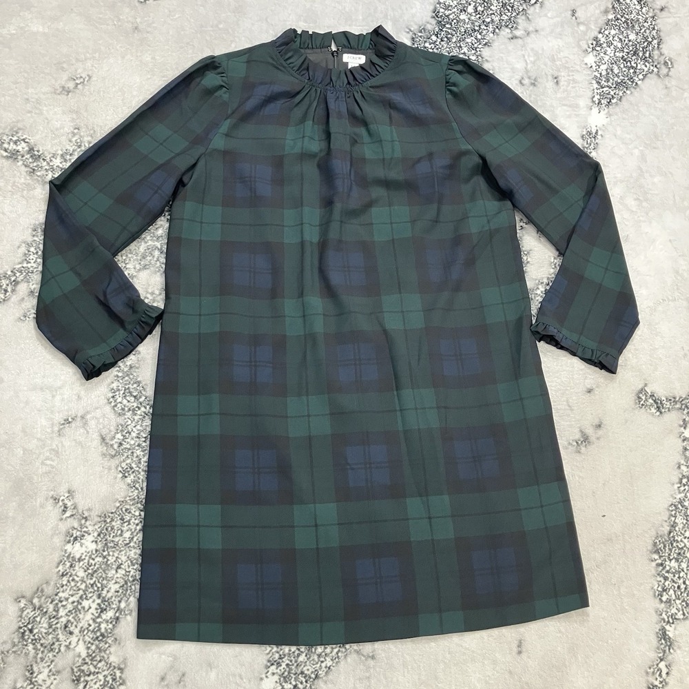 J.Crew Black Watch Plaid Shift Dress Size 12 Green Blue Ruffle‎ Neck Long Sleeve